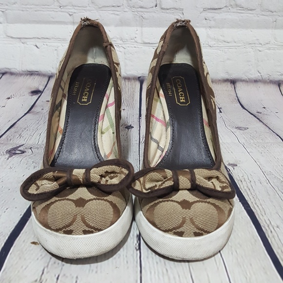 Coach Brown Logo Jacquard Wedges 5.5 Bow Shoes - Picture 4 of 6